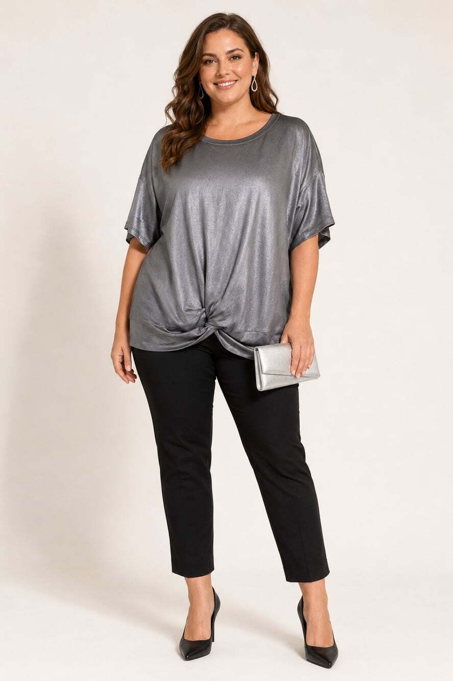 June & Hudson Women XL Metallic Gray Twist Front Short Sleeve Blouse Top